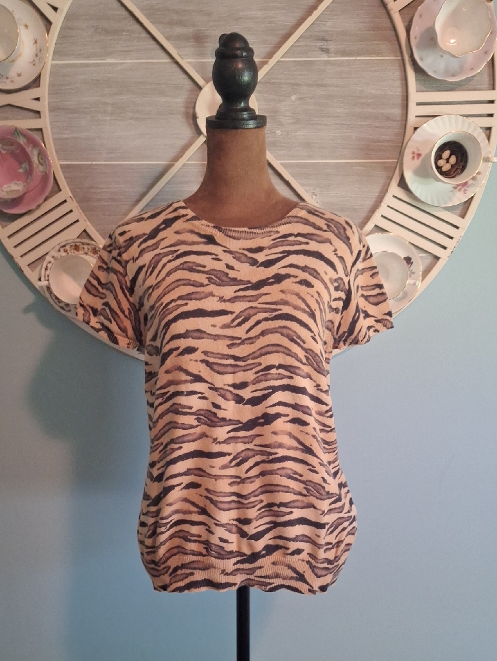 Chaps Cotton Tiger-Stripe Sweater in Tan and Black